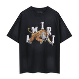 Wholesale foreign trade amir washed distressed tiger head number & letter logo short sleeve t-shirt