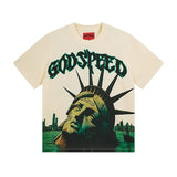 Cross-border gs american high street washed retro skull racing machine girl printing short-sleeved fashion