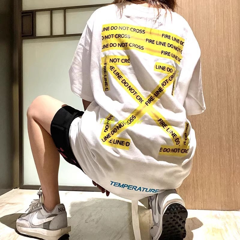 Correct version off classic yellow tape arrow warning line short-sleeved ow couple wear loosetrendyt