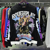 American retro style roughplay jesus faux two-piece long sleeve sweatshirt - skull rock washed distressed ripped