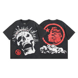 Ss american skull washed and distressed letter loose plus size short sleeve streetwear t-shirt - men's trendy style