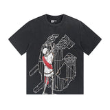 Cross-border gs american high street washed retro skull racing machine girl printing short-sleeved fashion
