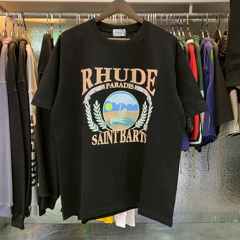 Rhude T Shirts Sunset Beach Cozy Pattern Printed Cotton Casual Loose Short Sleeve Men and Women