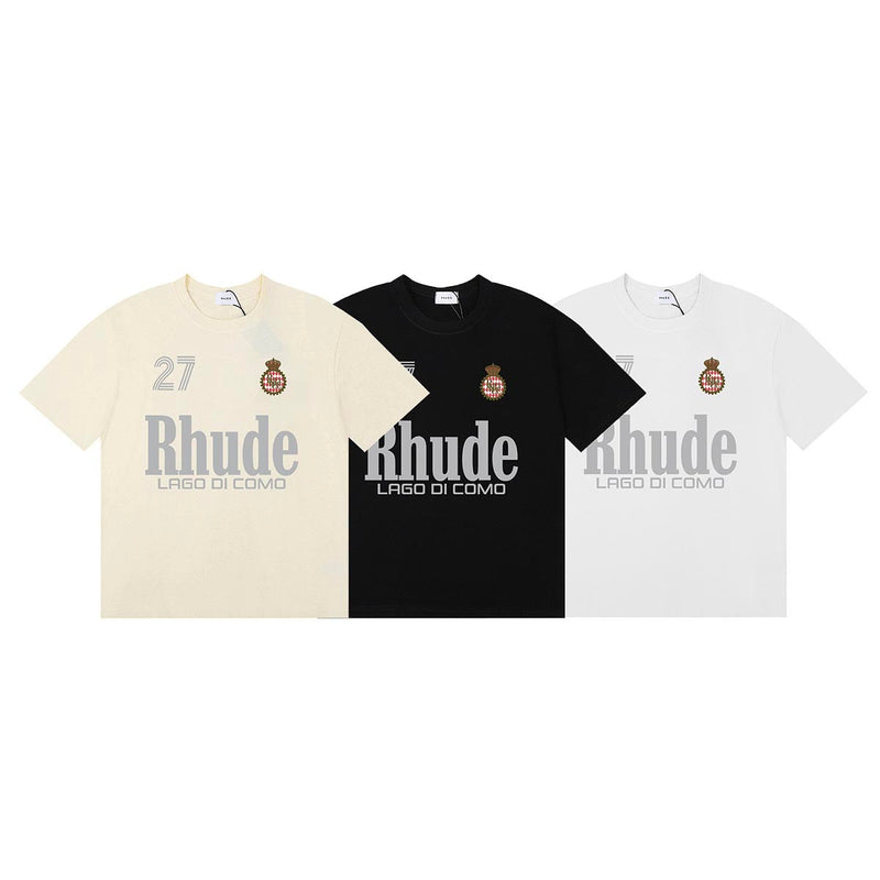 Rhude T Shirts LAGO DI COMO Printed Cotton Casual Short Sleeve Men and Women
