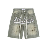 American retro valeforever washed distressed hotfix rhinestone ripped denim shorts - high street style