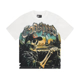 Cross-border gs american high street washed retro skull racing machine girl printing short-sleeved fashion