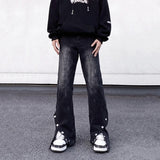 Unisex Jeans Black Washed Buckle Jeans Loose Pants