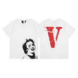 Cross-border supply large v letter lne cherry blossom short half-sleeve sketch embroidery lip print graffiti print short