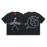 European and american high street gd rock heavy industry washed distressed skull letter speed short sleeve