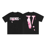 Cross-border supply large v letter lne cherry blossom short half-sleeve sketch embroidery lip print graffiti print short