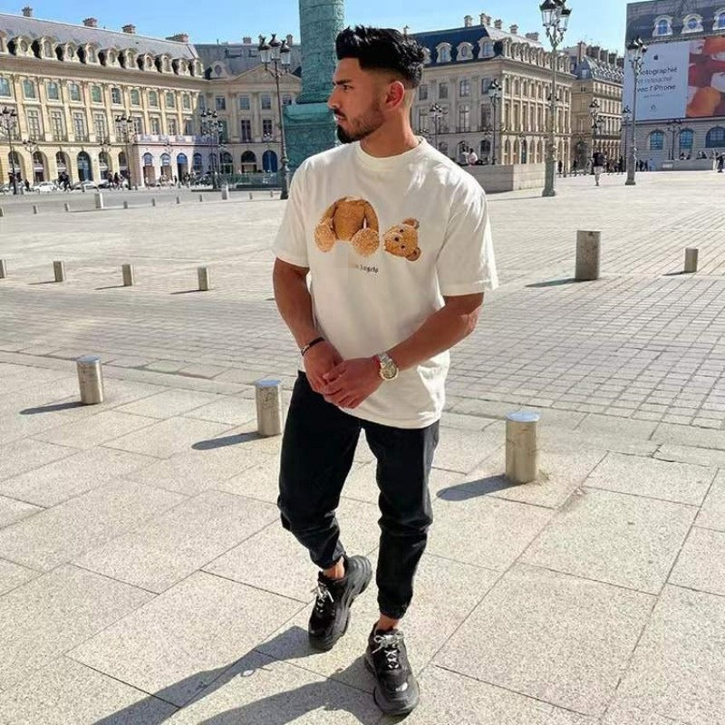 Cross-border wholesale pa severed bear short-sleeved pink bear t-shirt high collar os loose palm tree