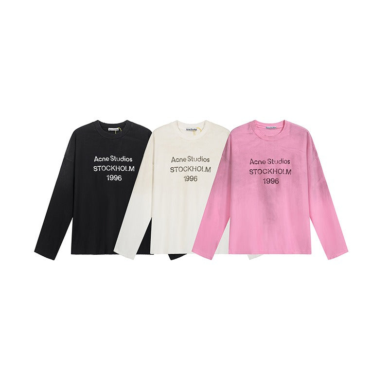 A western washed and distressed old letter printing high street long-sleeved loose couple cross-border t