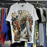 Meichao life husters masked tattoo angel print hotfix rhinestone lettering oversized casual short sleeve t-shirt