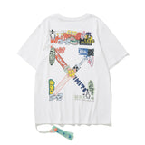 Wholesale off short sleeve ow dissolved arrow gradient starry sky splash ink t-shirt yellow tape warning line love