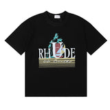 Rhude T Shirts Coconut Sunset Sailing Printing Cotton Casual Loose Short Sleeve Men and Women