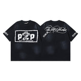 Ss american skull washed and distressed letter loose plus size short sleeve streetwear t-shirt - men's trendy style
