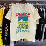 Rhude T Shirts Castle Coconut Windowsill Scenic Cotton Casual Loose Short Sleeve Men and Women