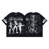 Ss american skull washed and distressed letter loose plus size short sleeve streetwear t-shirt - men's trendy style
