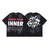 Ss american skull washed and distressed letter loose plus size short sleeve streetwear t-shirt - men's trendy style