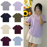 Ami clams embroidered heart color block crew neck short sleeve loose fit cotton t-shirt summer top