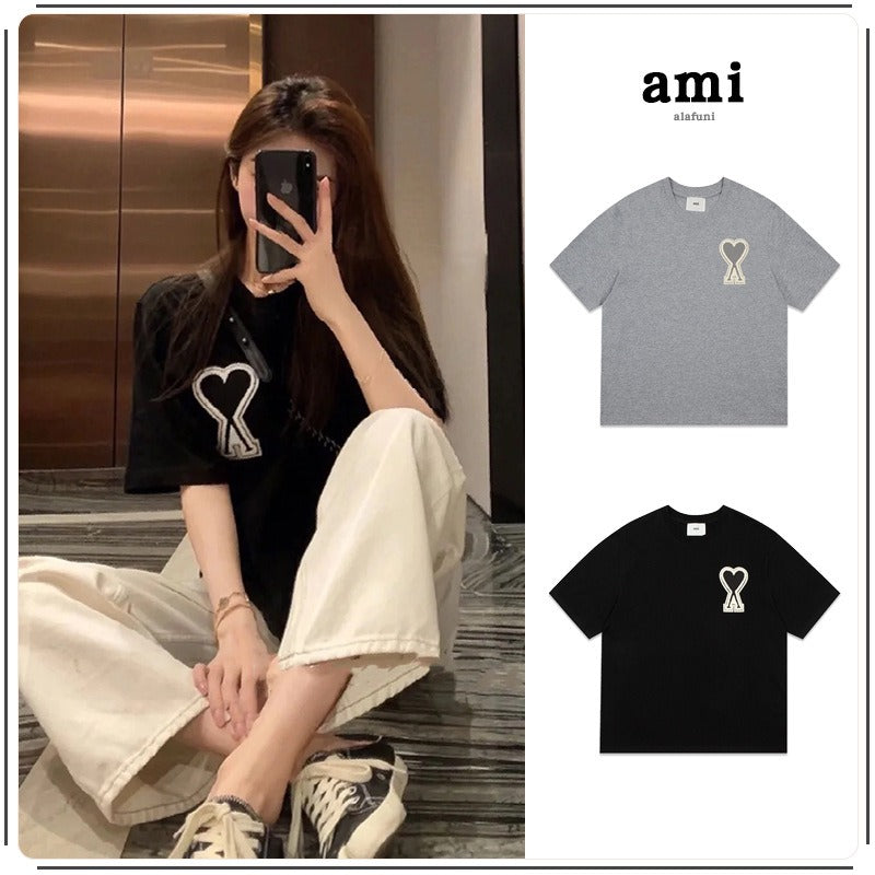 Am short-sleeve macaron color heart embroidery pure cotton loose summer fashion t-shirt crew neck top