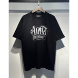 [gram] am flow paint graffiti letter starry sky classic logo print short sleeve couple t-shirt