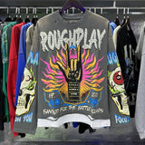 American retro style roughplay jesus faux two-piece long sleeve sweatshirt - skull rock washed distressed ripped