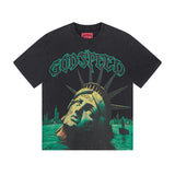 Cross-border gs american high street washed retro skull racing machine girl printing short-sleeved fashion
