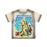 High-quality american first row virgin direct injection retro hot diamond washed and distressed short-sleeved couple t