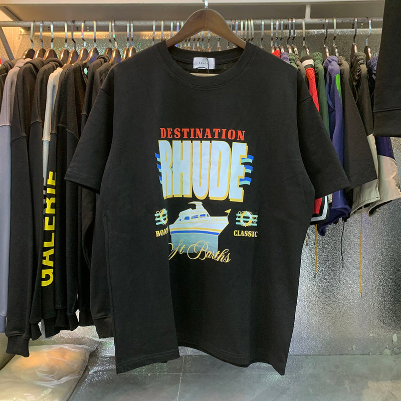 Rhude T Shirts Yacht Printing Cotton Loose Short Sleeves Men and Women