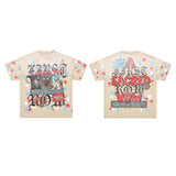 High-quality american first row virgin direct injection retro hot diamond washed and distressed short-sleeved couple t
