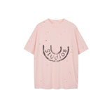 Ac letter print high street washed distressed vintage oversized short sleeve couple t-shirt
