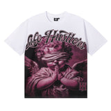 Meichao life husters masked tattoo angel print hotfix rhinestone lettering oversized casual short sleeve t-shirt
