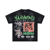 Los angeles american style harmony print hotfix rhinestone washed vintage distressed loose fit 100% cotton short sleeve t-shirt