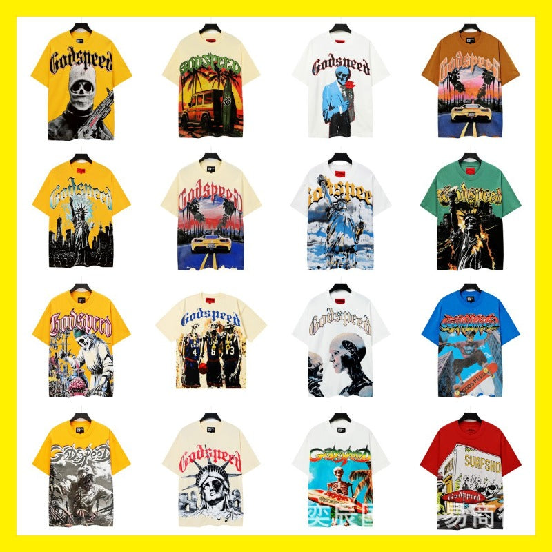 gods short-sleeved heavy weight washed fog high street rock band skull pure cottonprinting t-shirt