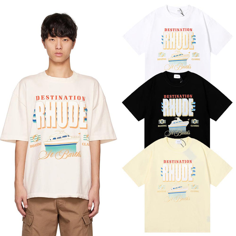 Rhude T Shirts Yacht Printing Cotton Loose Short Sleeves Men and Women