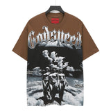 Cross-border wholesale high version gods short-sleeved heavy weight washed fog high street skull pure cotton printed round