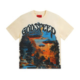 Cross-border gs american high street washed retro skull racing machine girl printing short-sleeved fashion