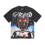 Cross-border gs american high street washed retro skull racing machine girl printing short-sleeved fashion