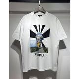 Wholesale american streetwear purple flow paint letter graffiti logo high-quality short-sleeve t-shirt for men and couples