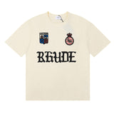 Rhude T Shirts Gothic Letter Badge Printing Cotton Casual Crew Neck Short Sleeve Men and Women