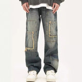 Unisex Jeans Vintage Washed Rough Rim Straight Loose Jeans