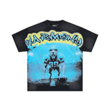 Los angeles american style harmony print hotfix rhinestone washed vintage distressed loose fit 100% cotton short sleeve t-shirt