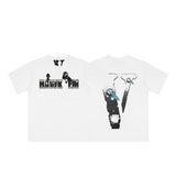 Cross-border supply large v letter lne cherry blossom short half-sleeve sketch embroidery lip print graffiti print short