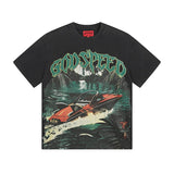Cross-border gs american high street washed retro skull racing machine girl printing short-sleeved fashion