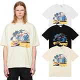 Rhude T Shirts Beach Coconut House Printed Cotton Casual Crew Neck Short Sleeve Men and Women