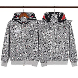 streetwear zip hoodie cartoon letter print zip-up sweatshirt and pants camouflage set