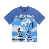 European and american high street gd rock heavy industry washed distressed skull letter speed short sleeve