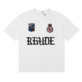 Rhude T Shirts Gothic Letter Badge Printing Cotton Casual Crew Neck Short Sleeve Men and Women