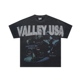 American retro valeforever washed & distressed hotfix rhinestone cotton short sleeve high street star t-shirt
